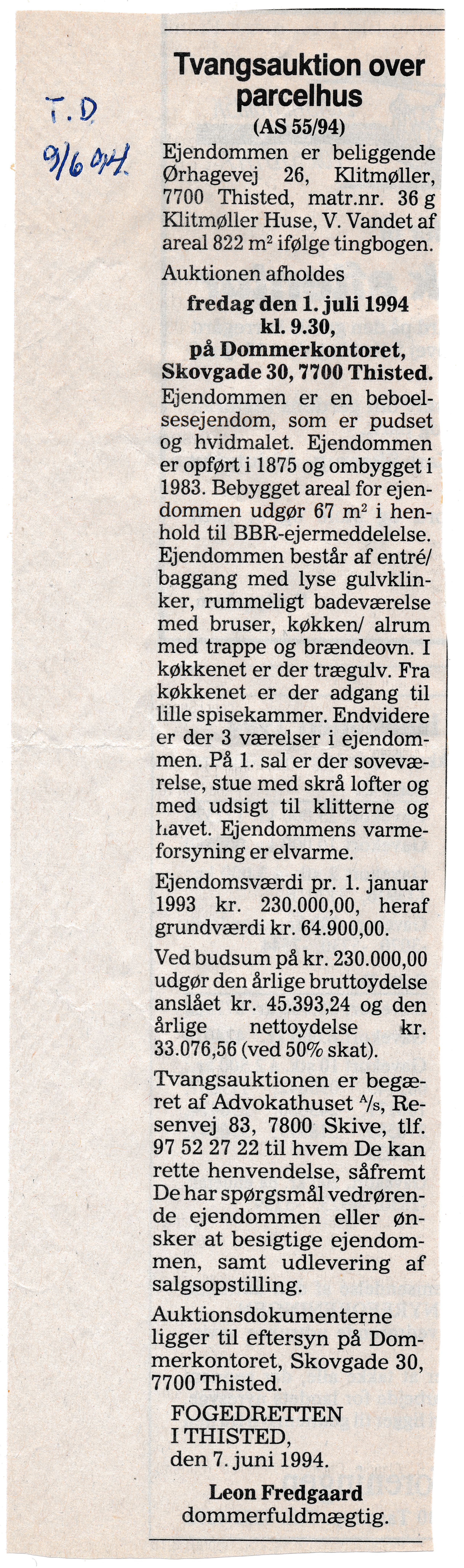 Matrnr 36g Tvangsauktion 1994